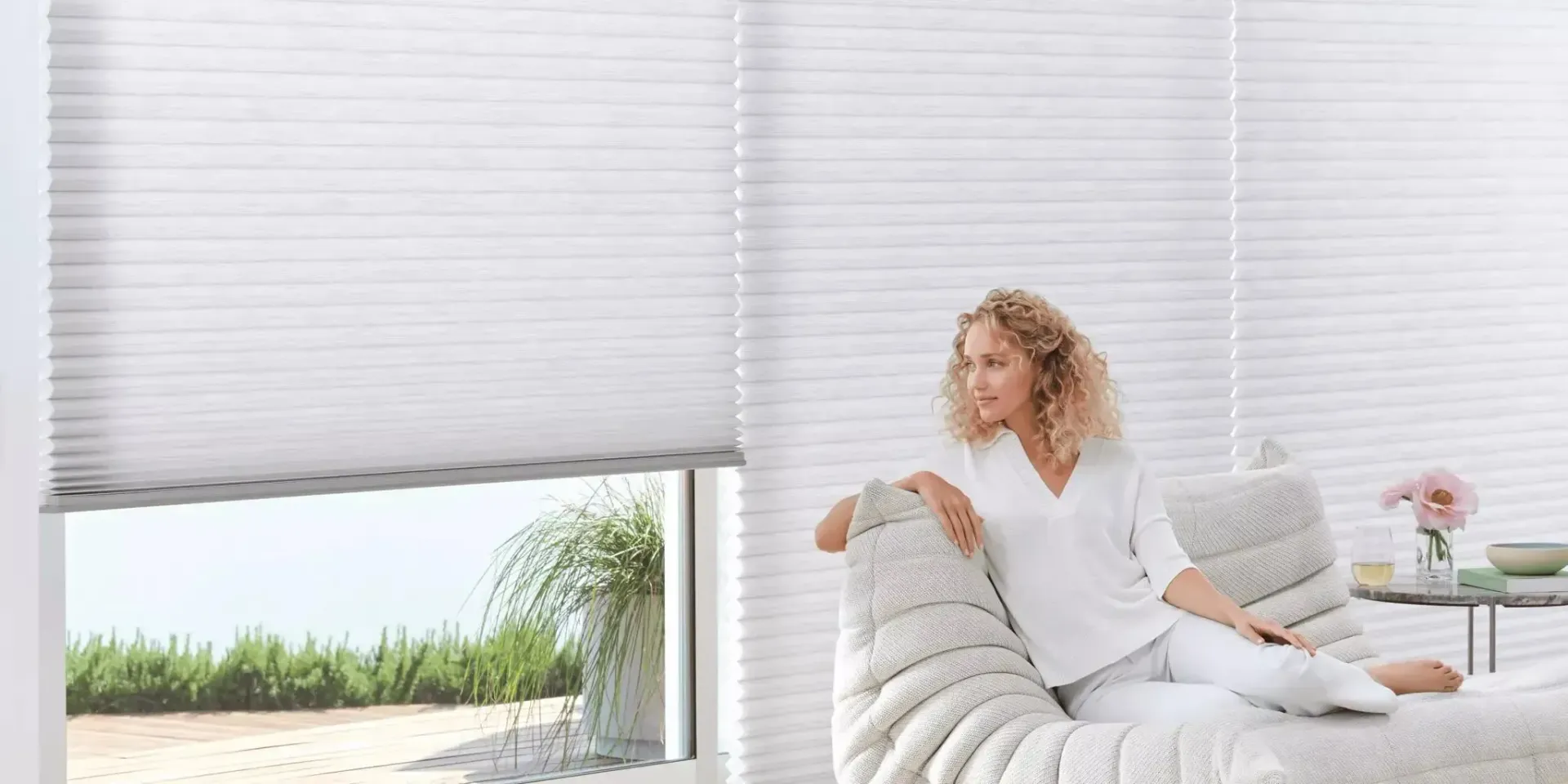 Hunter Douglas window treatment showroom display with multiple shade options