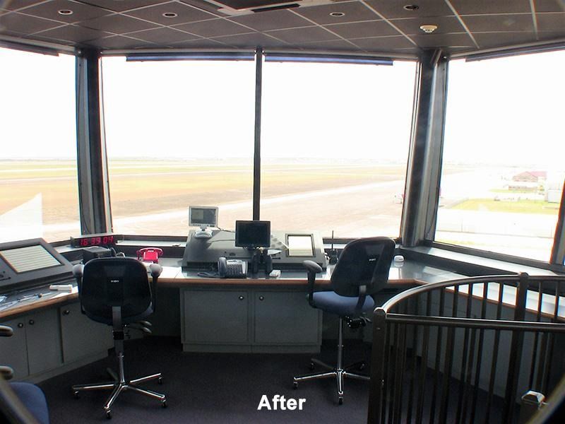 A picture of a control tower with the caption after
