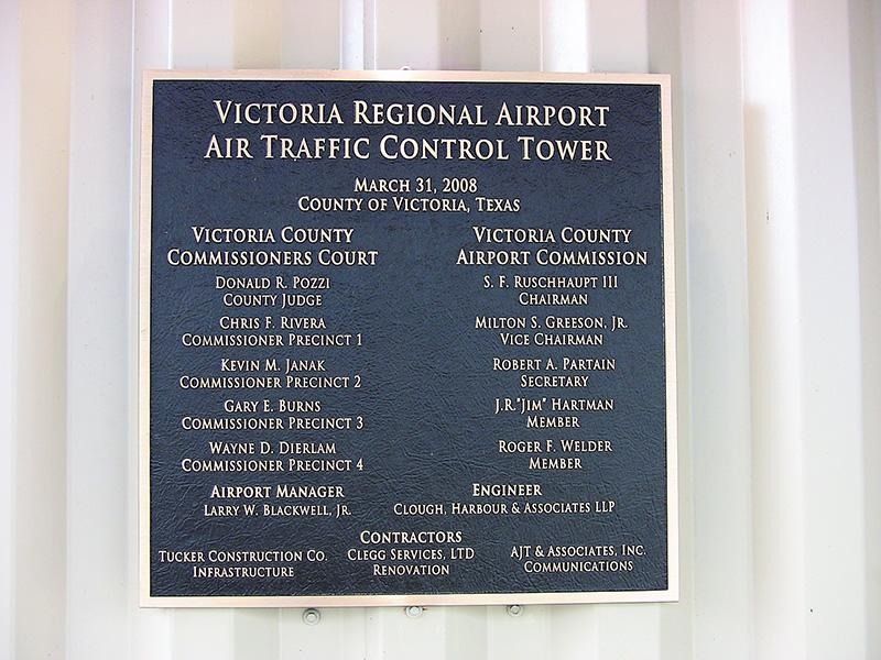 A plaque for the victoria regional airport air traffic control tower
