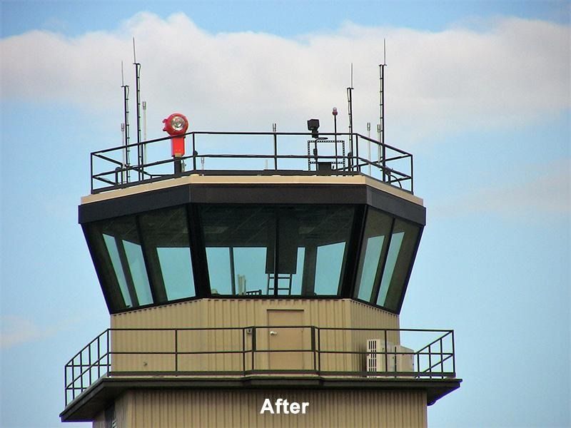 A picture of an airport control tower with the caption after