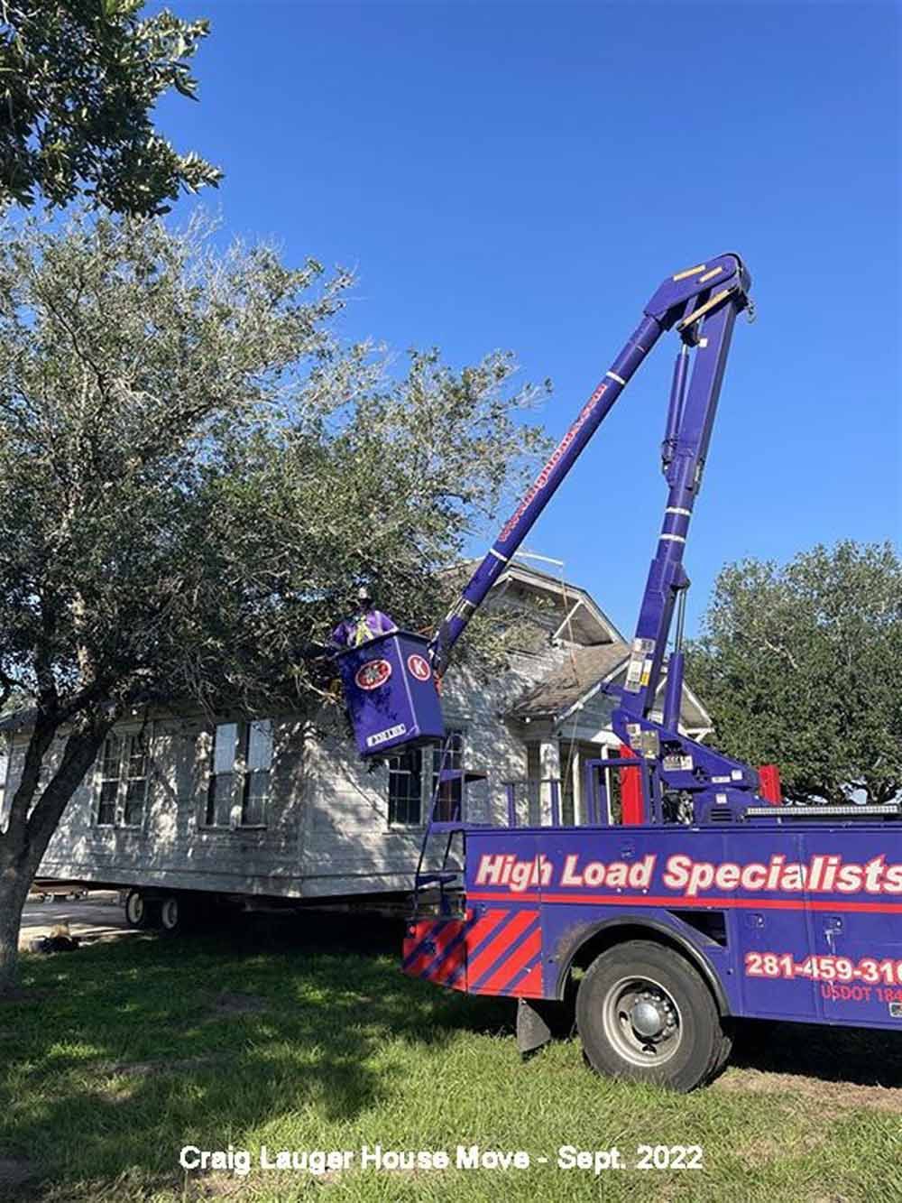 A truck with a crane attached to it is cutting a tree.