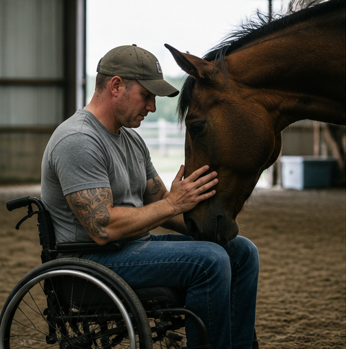 Man in wheelchair gently touching foreheads with a horse in a stable