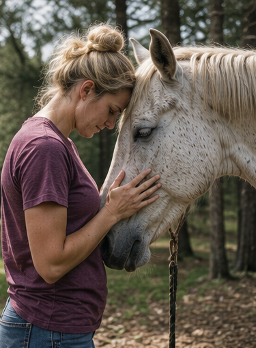 Woman gently touching a white horse’s face in a wooded area.