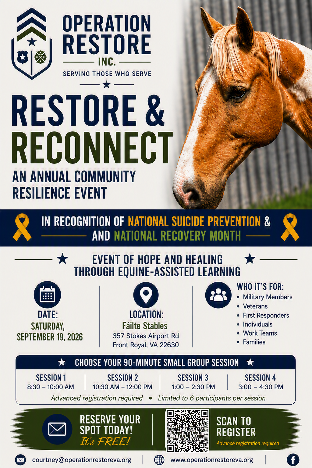 Operation Restore flyer with dog, bold navy and gold text: 