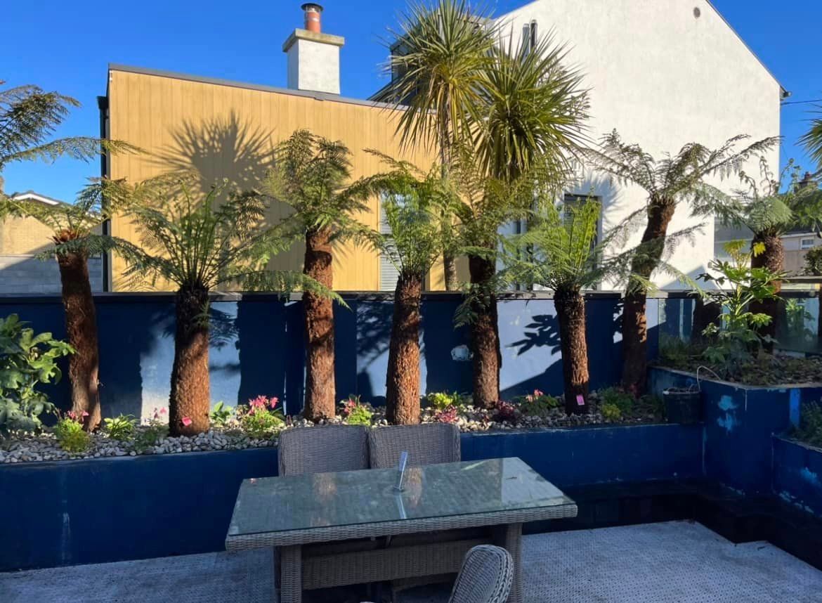 A patio with a table and chairs in front of a house.