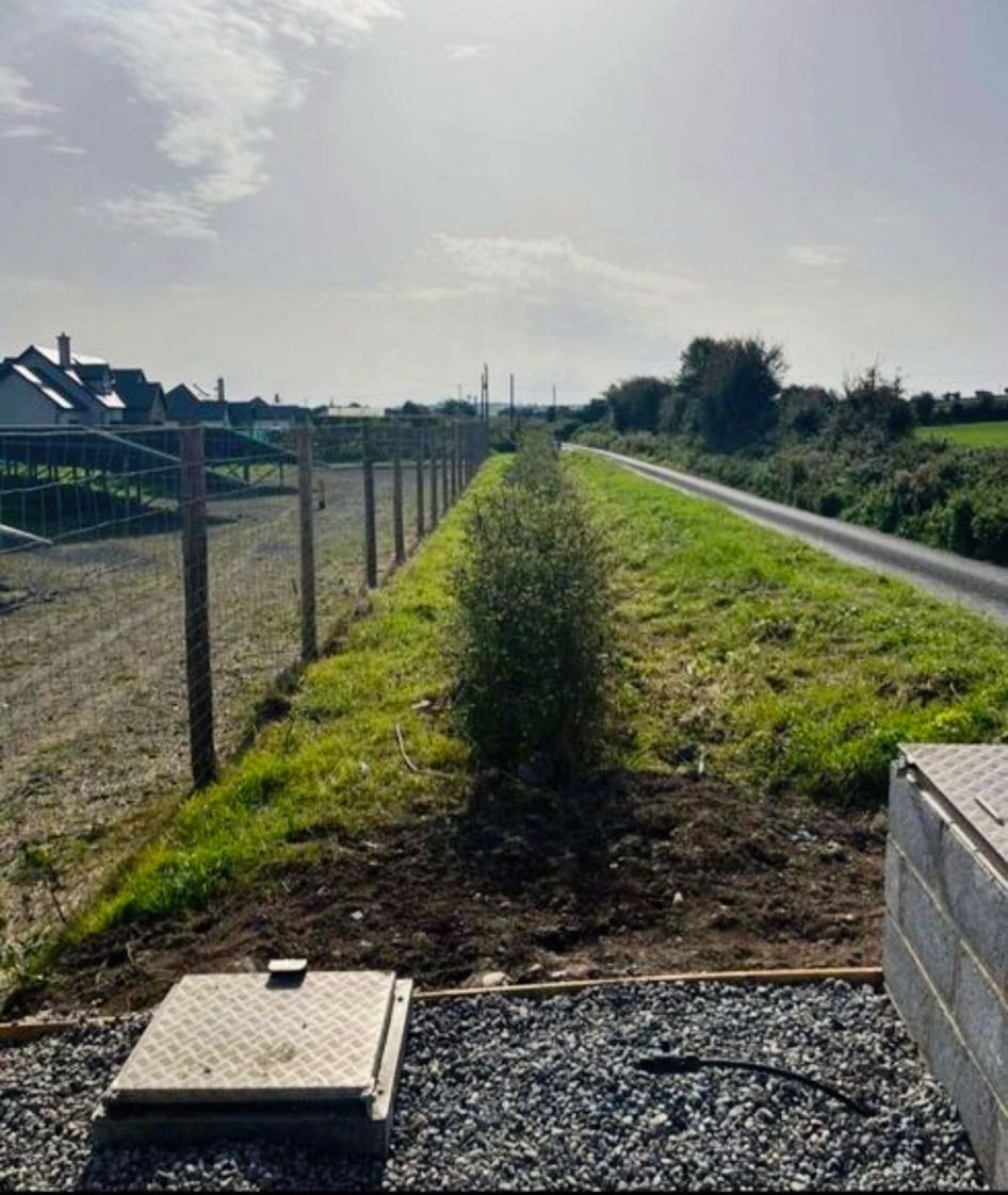 A fence surrounds a grassy field next to a road.