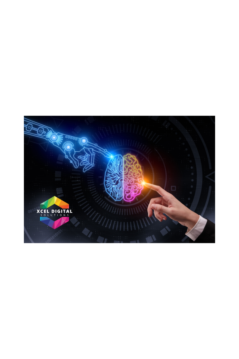 AI and human hands connecting over a glowing brain, representing digital transformation