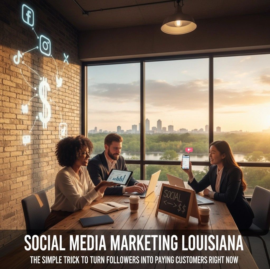 Three people in a Louisiana office discussing social media marketing strategies. Social media icons hover above.