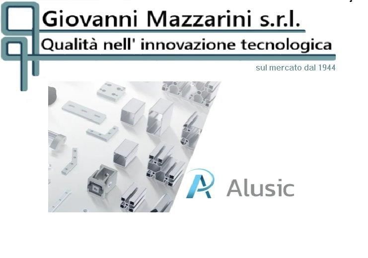Logo della Giovanni Mazzarini srl con componenti industriali in alluminio e logo Alusic.