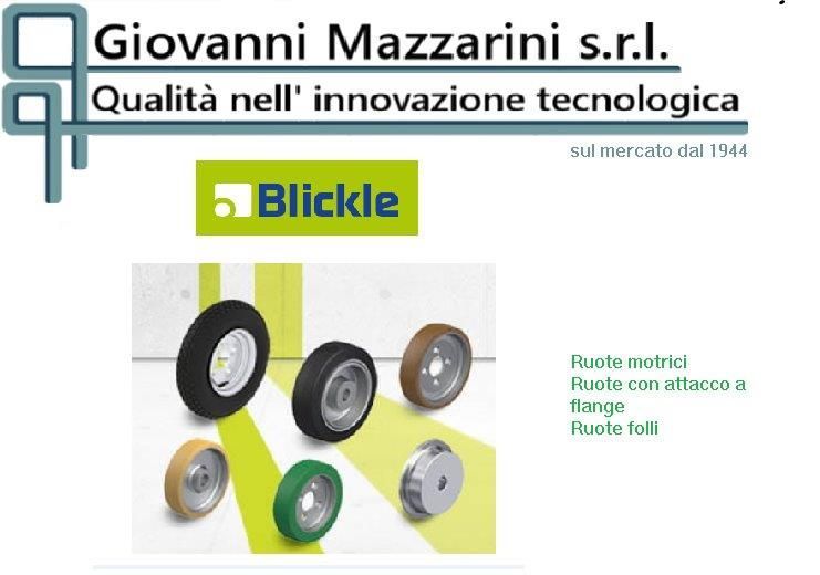 Pubblicità per le ruote Blickle, che ne illustra vari modelli. Include il logo aziendale e testo in italiano.