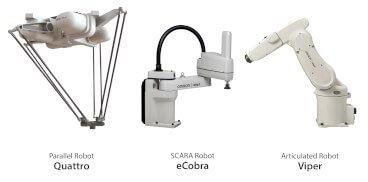 Tre diversi robot industriali: parallelo, SCARA e articolato.
