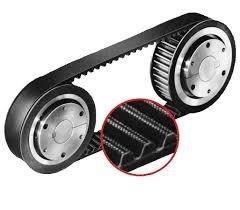 Cinghia di distribuzione dentata nera che collega due pulegge argentate.