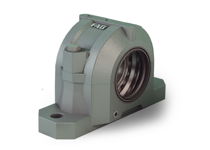 Cuscinetto a snodo FAG grigio con base di montaggio, per il supporto di alberi rotanti.