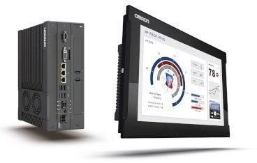 Un sistema informatico industriale dotato di un display touch screen che mostra un pannello di controllo con indicatori e dati.