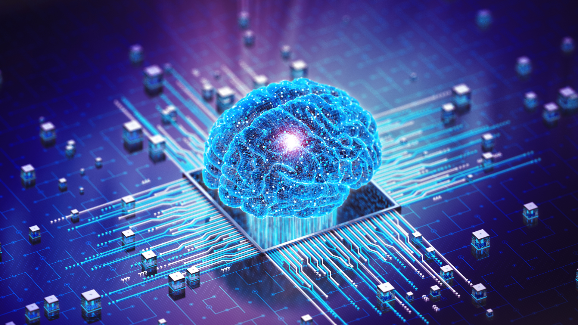 A digital brain is sitting on top of a computer motherboard, symbolizing AI in cybersecurity 