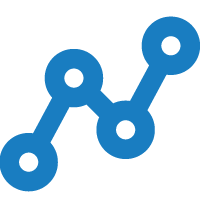 A blue icon of a graph with circles on a white background.