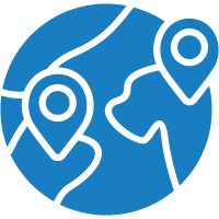 A blue globe with two map pins on it.