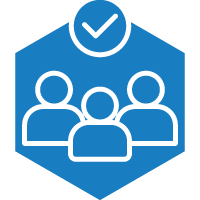 A group of people standing next to each other in a blue hexagon with a check mark.