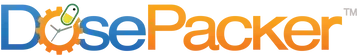 A blue and orange logo for dosepacker on a white background