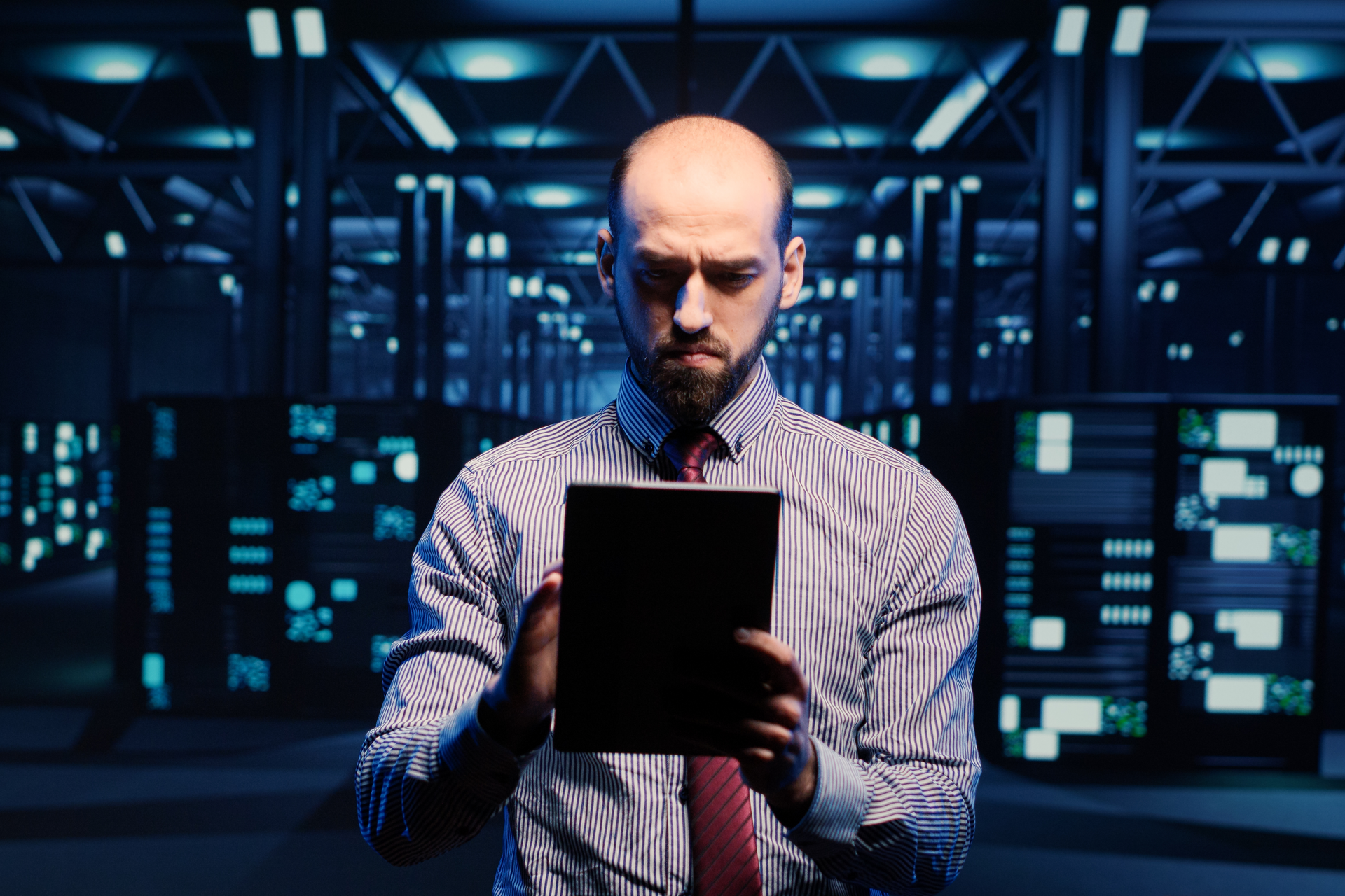 A man is looking at a tablet in a dark room.