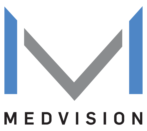 The logo for medvision is blue and gray with a diagonal arrow.