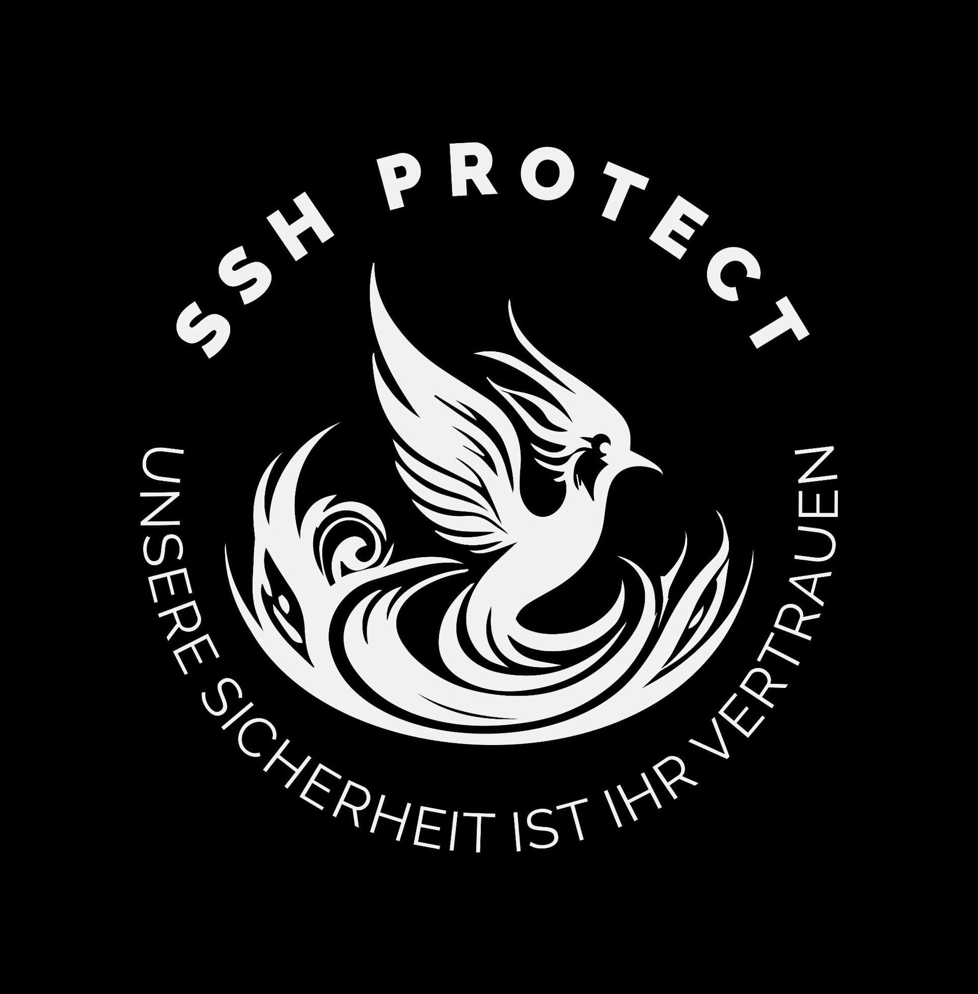 Ein weißer Vogel befindet sich in einem Kreis und um ihn herum stehen die Worte „SSH Protect“.