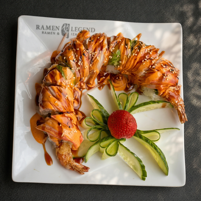 A sushi roll topped with salmon and sauce, garnished with cucumber slices and a strawberry, on a square white plate.