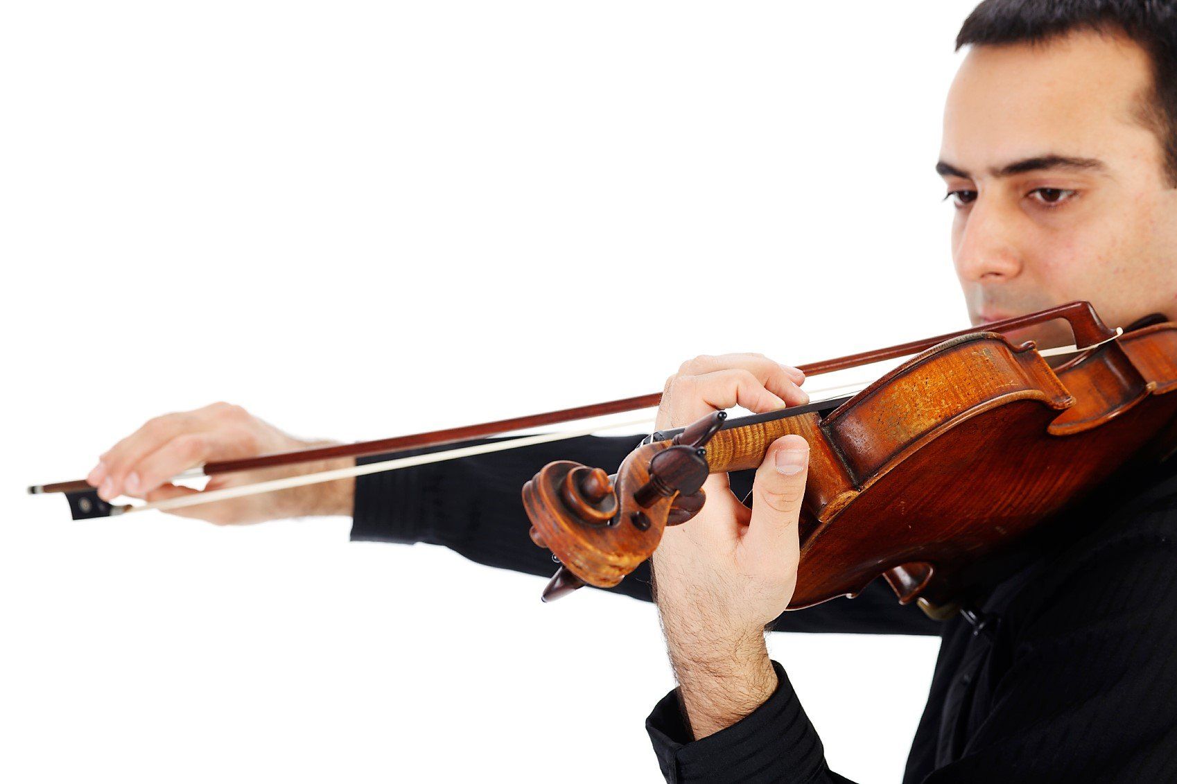 A man in a black shirt is playing a violin