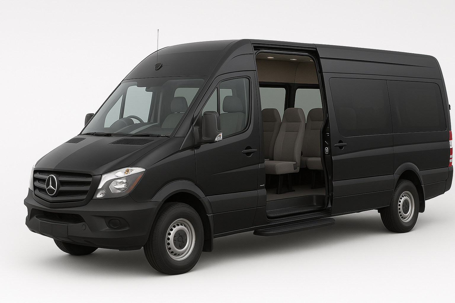 A black mercedes sprinter van is parked on a white background.