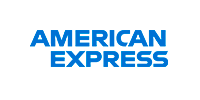 O logotipo da American Express é azul e branco sobre fundo branco.