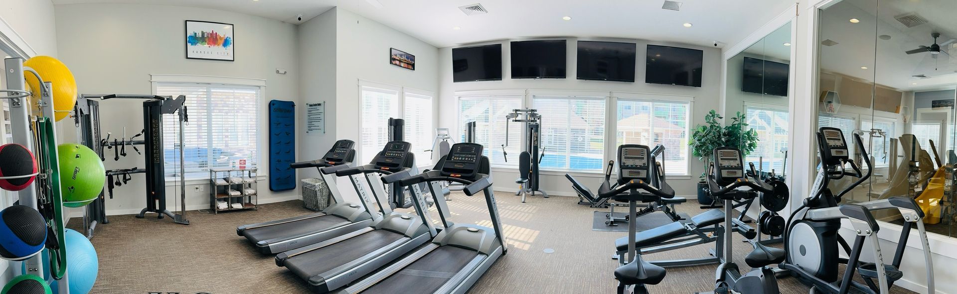 A large gym filled with lots of exercise equipment and a treadmill.