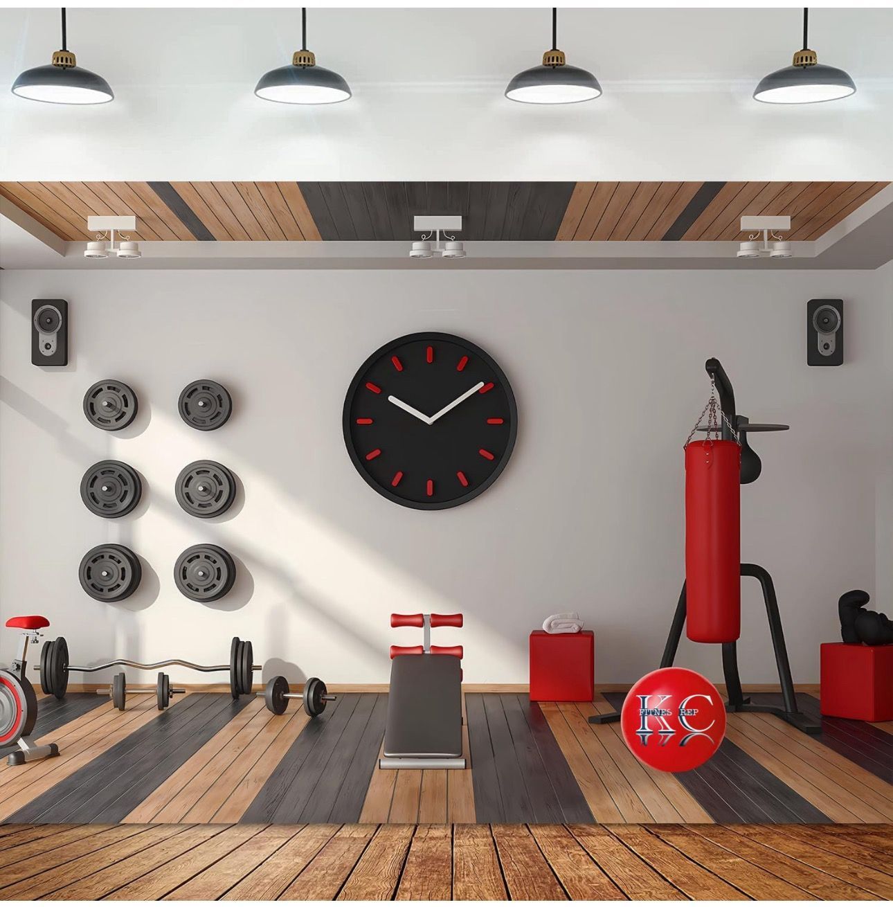 A gym with a large clock on the wall