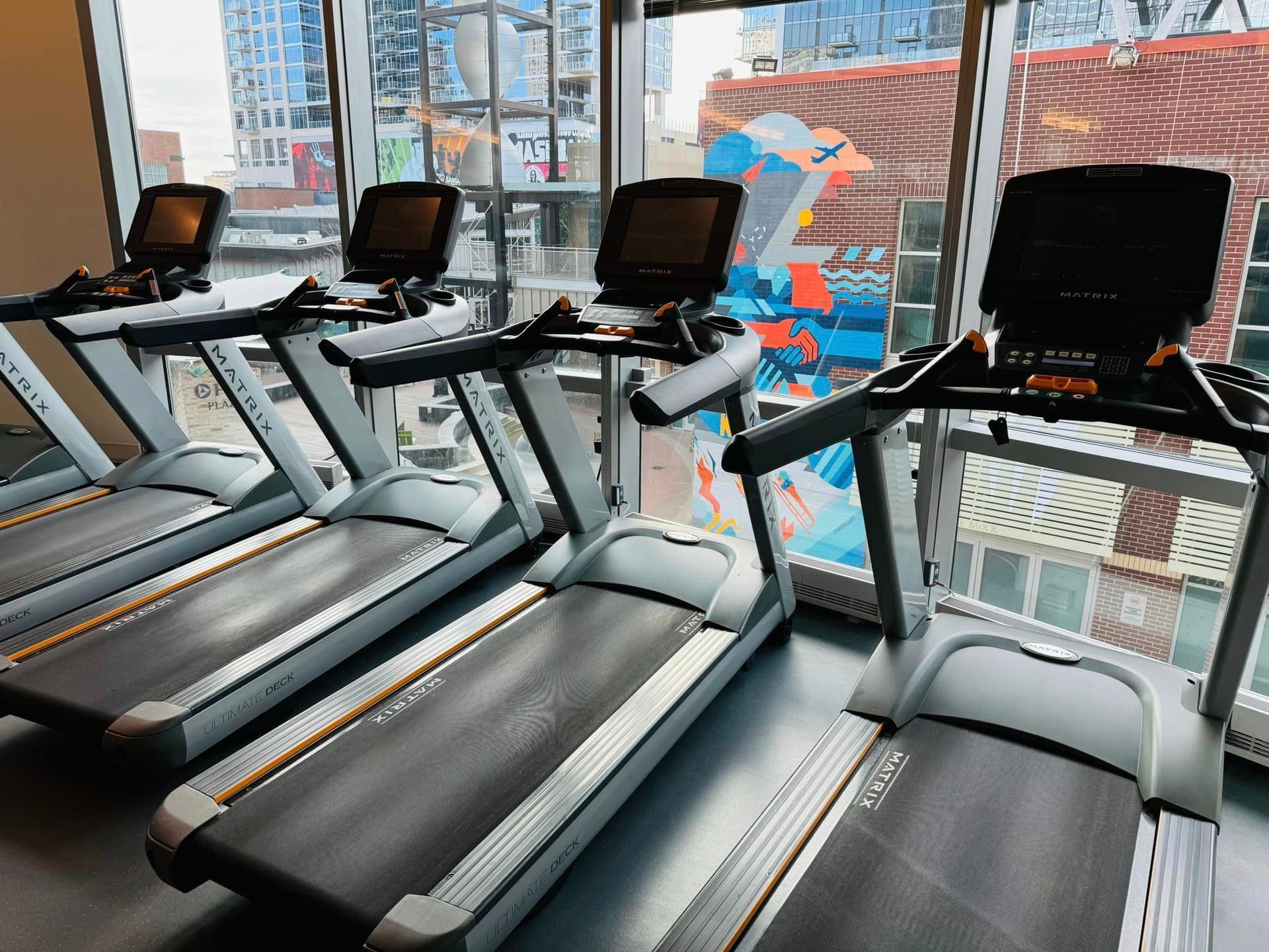A row of treadmills in a gym next to a window.