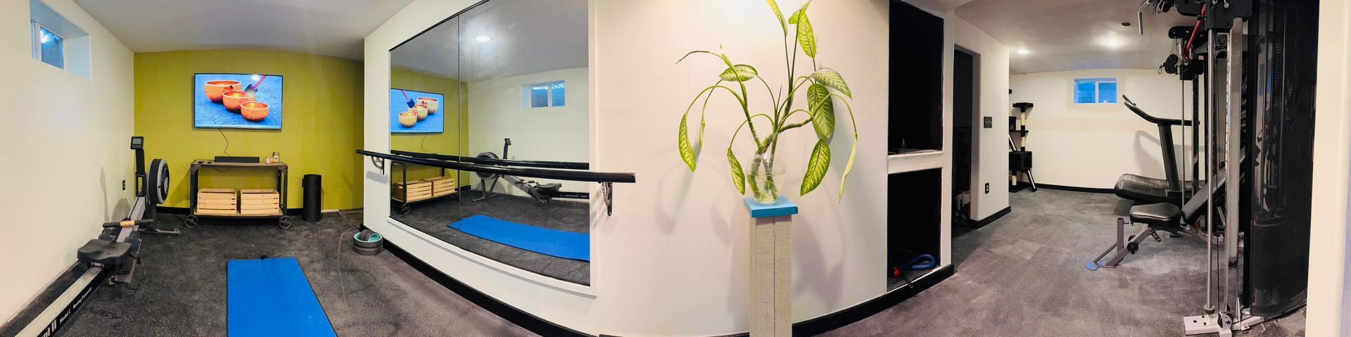 There is a large mirror in the middle of the room.