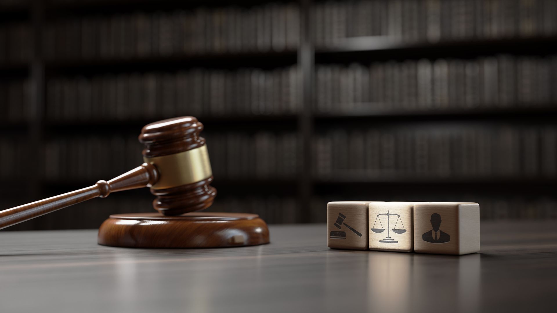 Gavel and legal icons sit on desk with law books in background, symbolizing justice and defense.