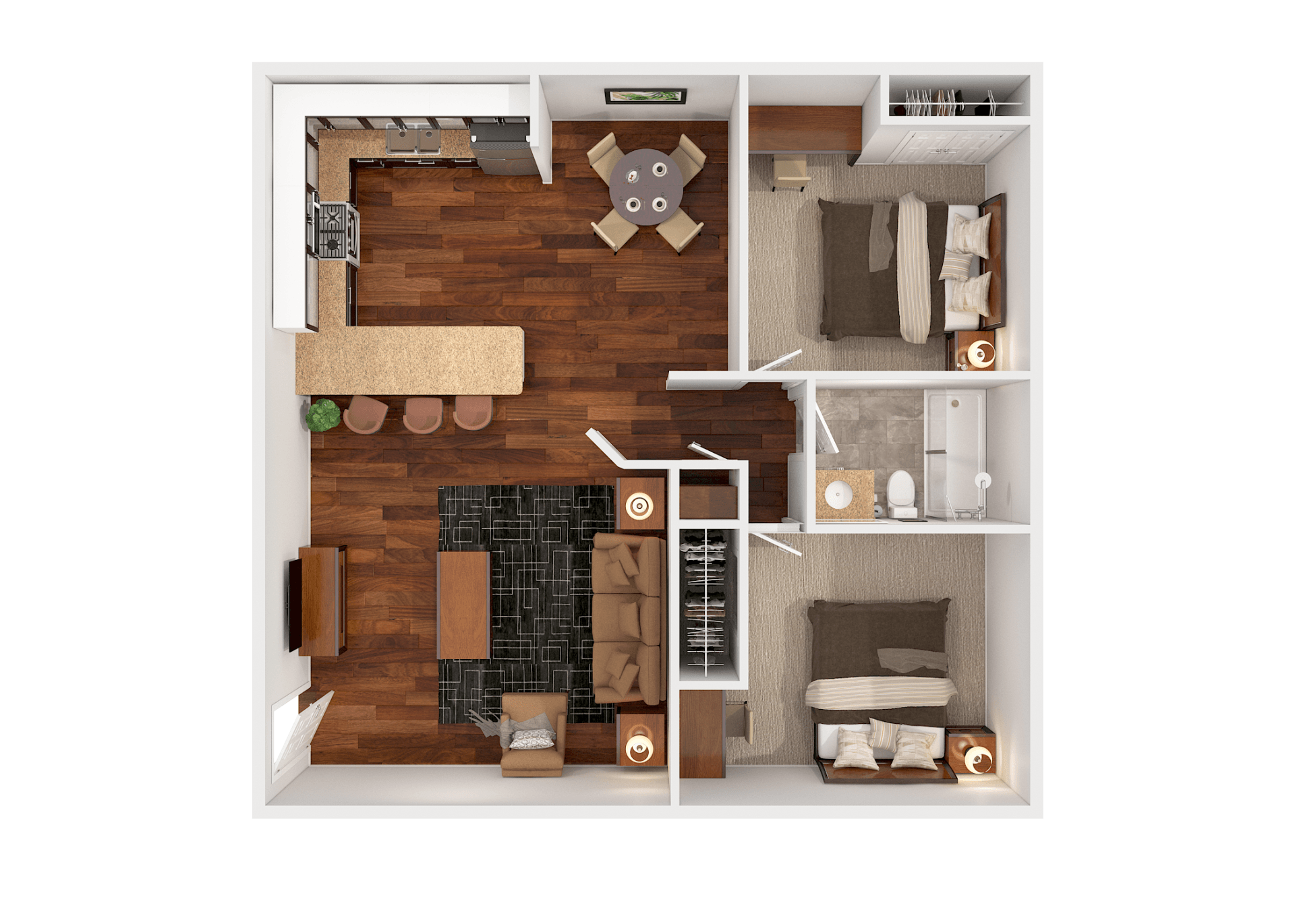 2 Bed, 1 Bath floor plan