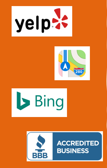 Yelp bing and bbb logos on an orange background