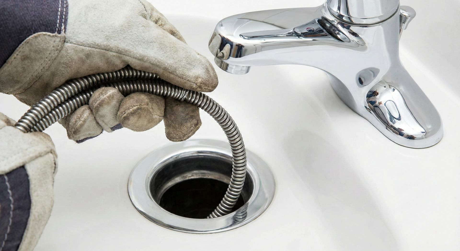Plumber inserting metal drain auger snake cable into white bathroom sink drain. Plumber inserting metal drain auger snake cable into white bathroom sink drain.