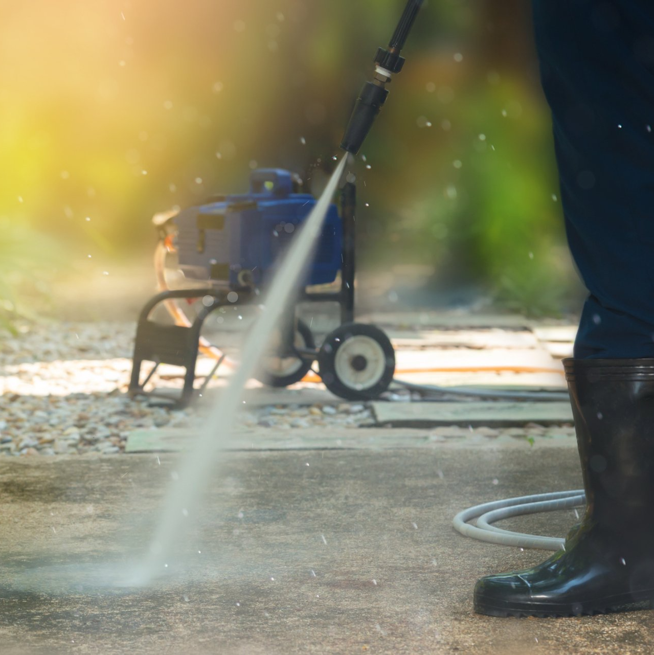 Man cleaning dirty walkway — Oldsmar, FL — Nighthawk Pressure Washing LLC