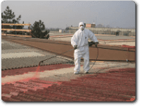 operaio spruzza vernice sulla superfice di un tetto