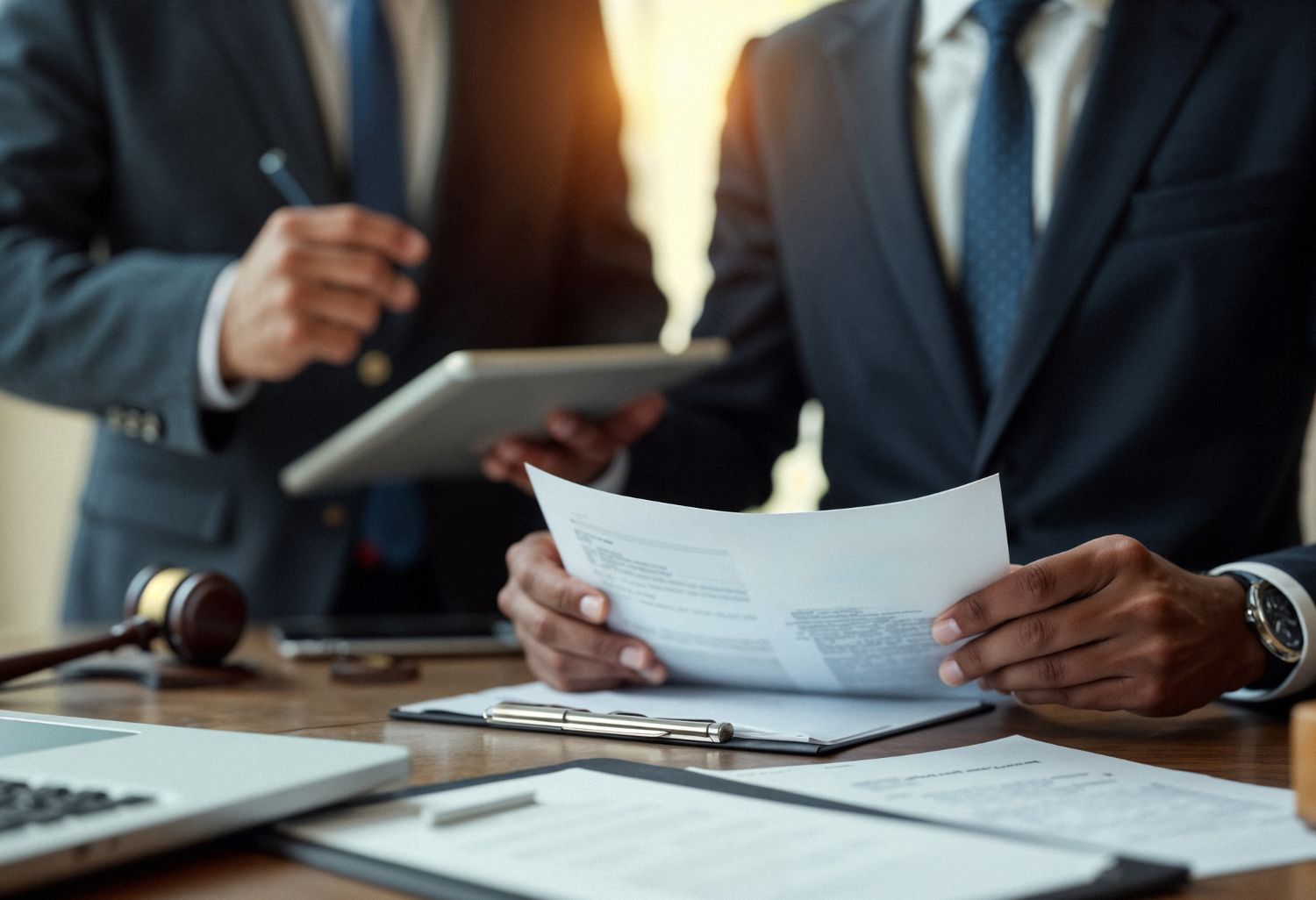 Two people in suits reviewing documents at a desk, one with a tablet.