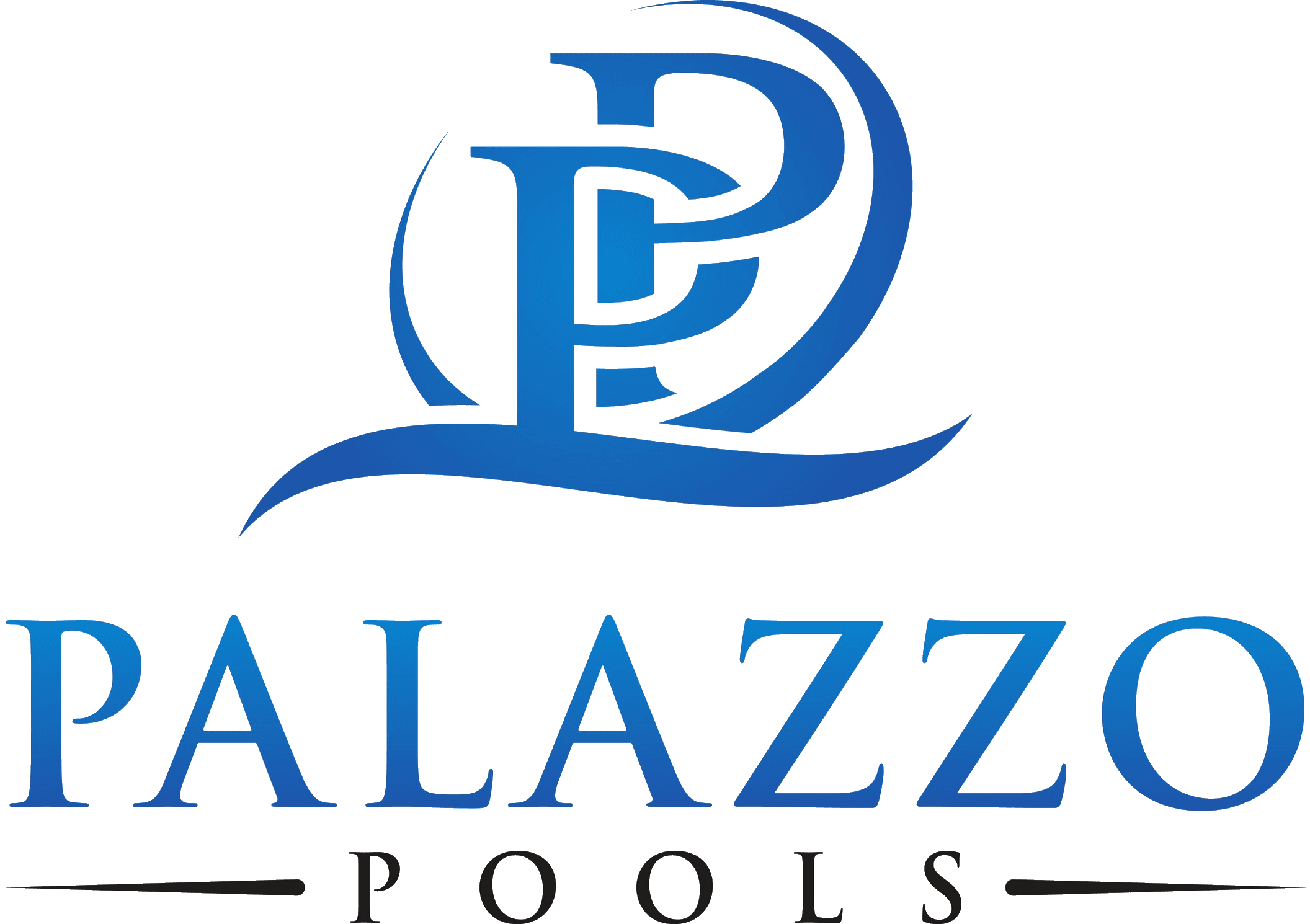 The logo for palazzo pools is blue and white