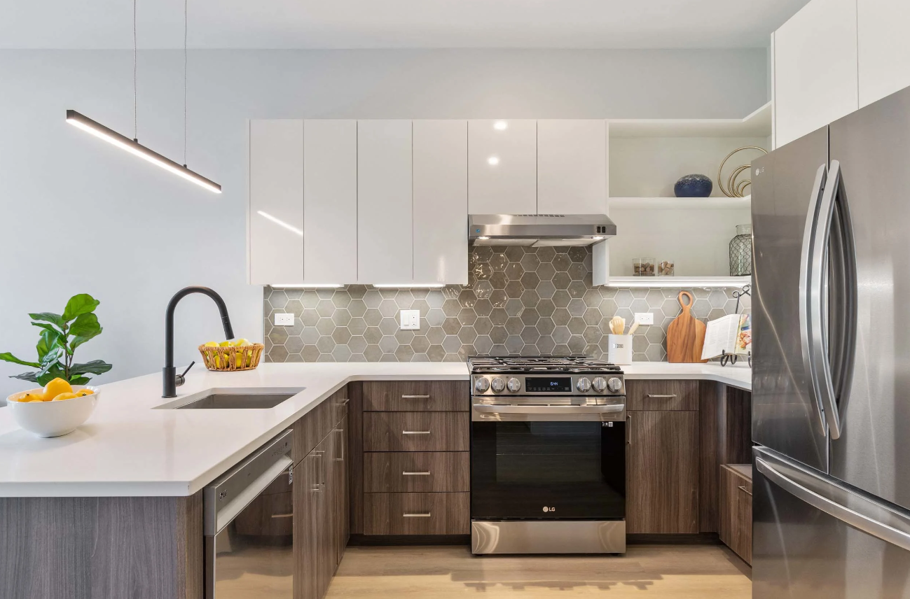 Modern white kitchen with stainless steel appliances, dark wood cabinets, and a plant on the island