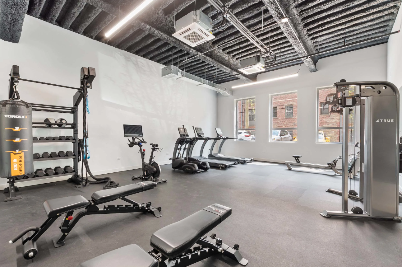 Empty modern gym with treadmills, weight bench, cable machine, and exposed ceiling lighting