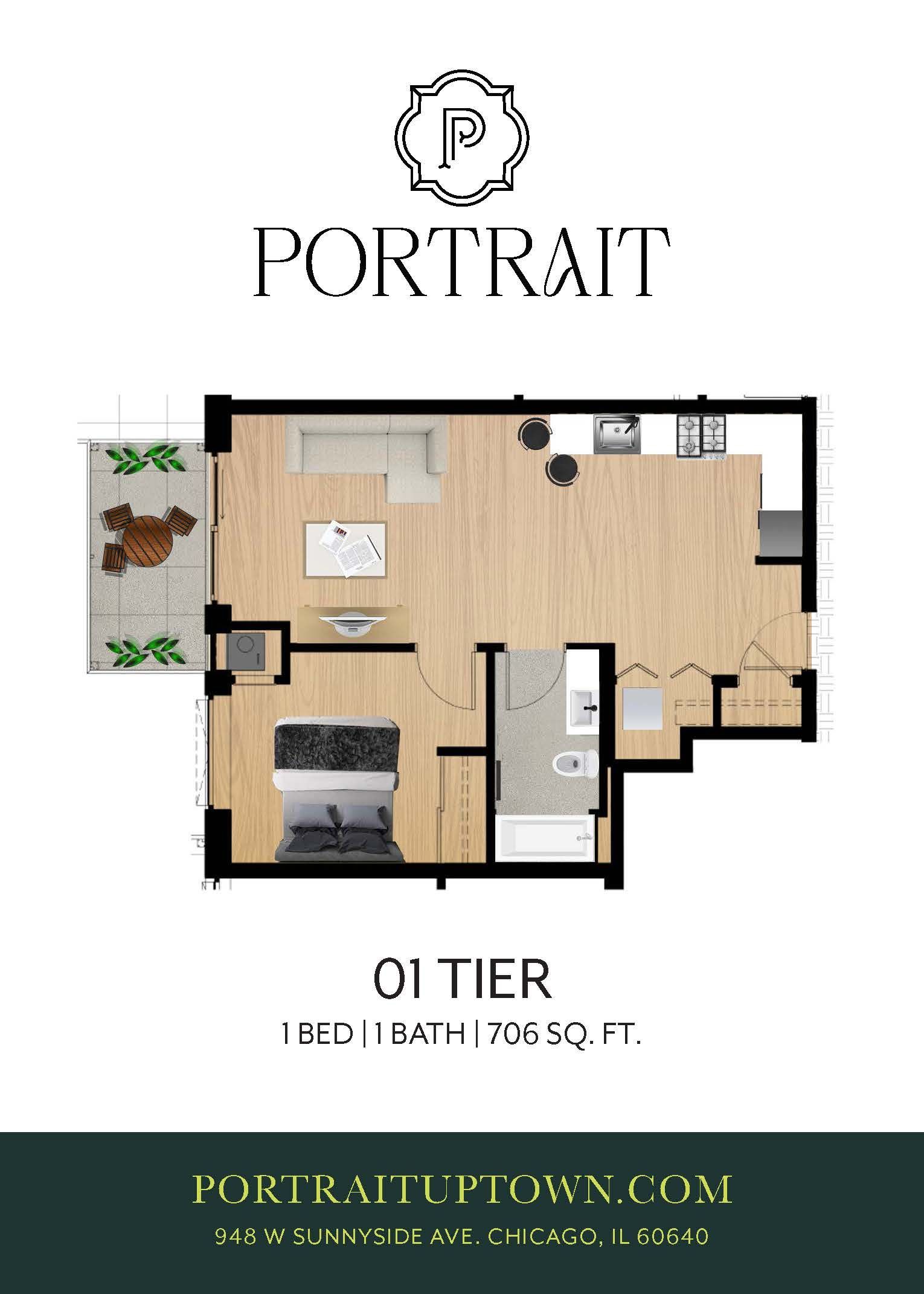 Apartment floor plan with one bedroom, living area, kitchen, bath, and balcony in wood tones