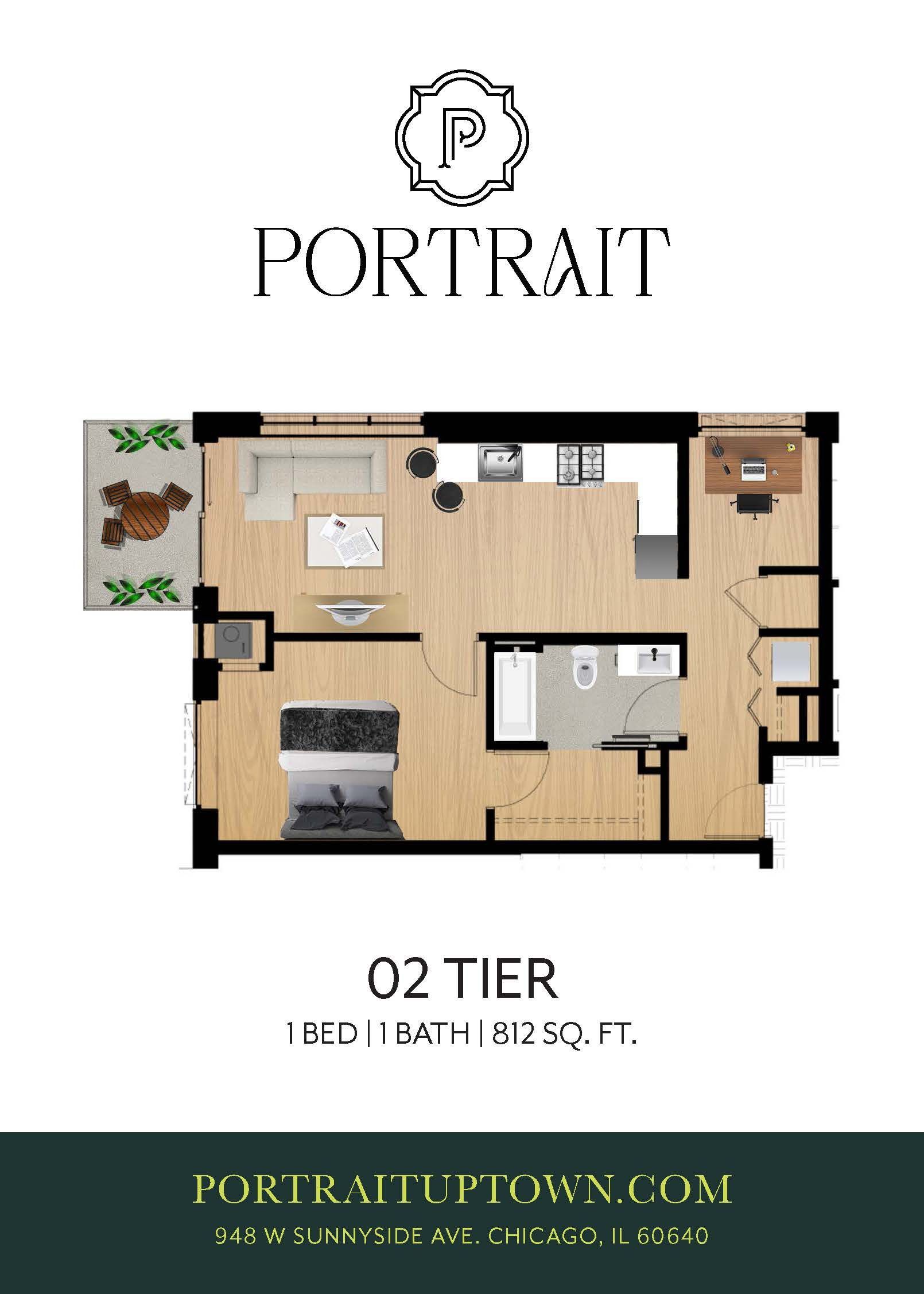 2-bedroom apartment floor plan with wood floors, kitchen, bath, balcony, and patio