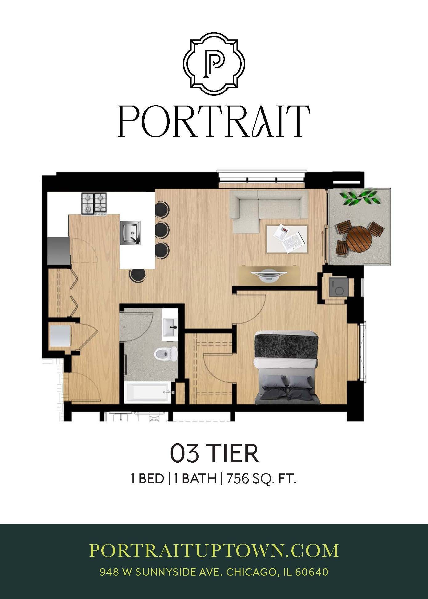 Floor plan of a one-bedroom, one-bath apartment labeled “03 Tier” at Portrait apartments.