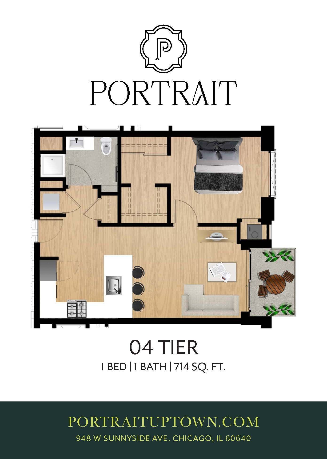 Floor plan of a 1-bedroom, 1-bath apartment with balcony and living area, labeled Portrait Townhomes.