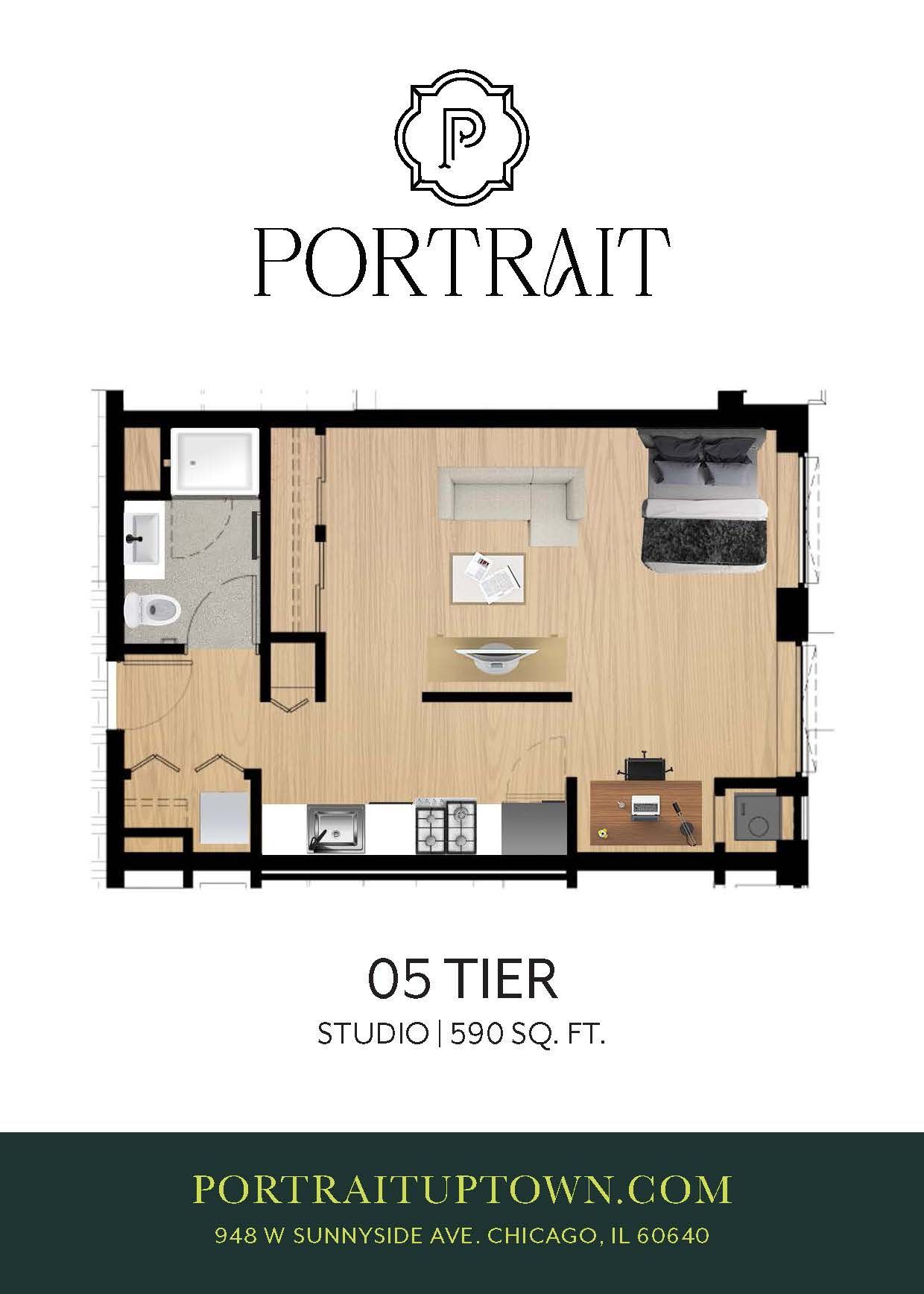 Portrait studio floor plan with kitchen, bath, living area, and bedroom layout for 05 Tier.