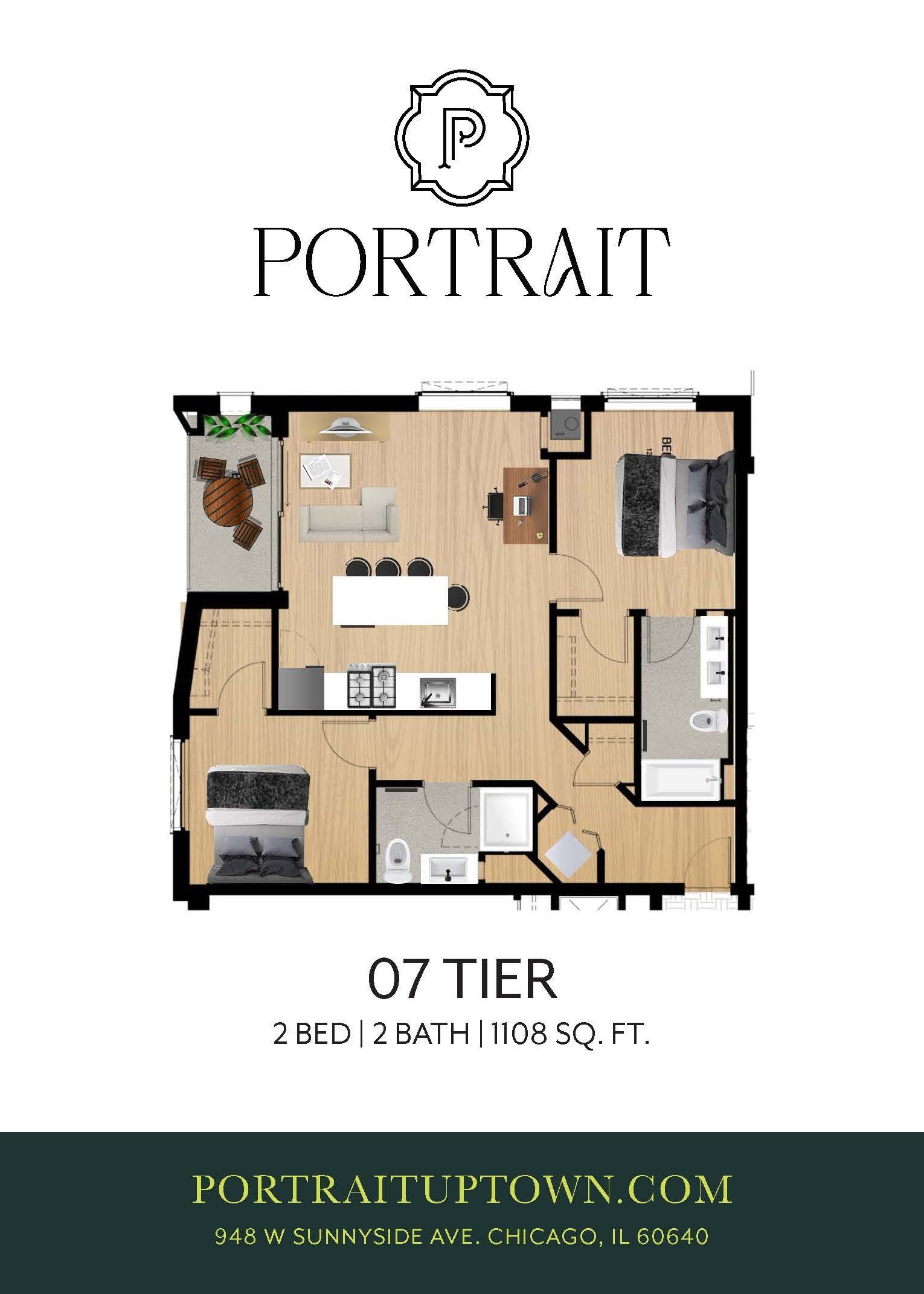 Portrait floor plan: furnished 2-bedroom apartment layout with balcony and kitchen, beige and white tones